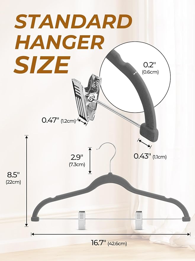 HOUSE DAY Velvet Skirt Hangers 12 Pack, Gray Velvet Pant Hangers with Adjustable Clips, Space Saving Slim Shorts Hanger, Heavy Duty Non Slip Clip Hanger for Pants, Skirts, Shorts