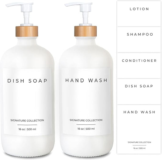Emerson Soap Dispenser, Dish Soap Dispenser for Kitchen, Soap Dispenser Bathroom Set, Hand Soap Dispenser, Kitchen Soap Dispenser Set - Glass Soap Dispenser with Pump and Labels, 16 Oz, 2 Pack