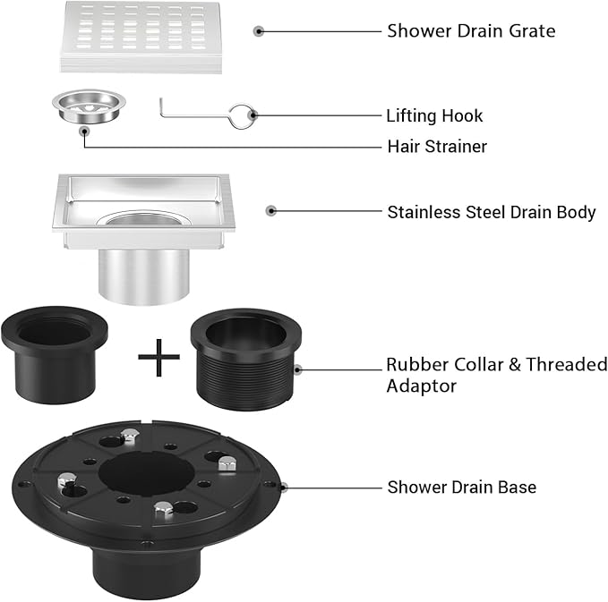 6 Inch Square Shower Drain Chrome, Bathroom Floor Drain, Stainless Steel Drain Kit with Flange, Removable Grid Cover, Hair Strainer