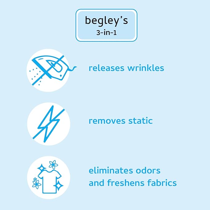 Begley's 3-in-1 Wrinkle Remover, Quick Fix Wrinkle Release, Static Cling Remover, Odor Eliminator and Fabric Refresher Spray - USDA Certified Biobased - Lavender, 16 oz