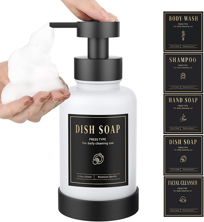Luxspire Foaming Soap Dispenser, Glass Foam Pump Soap Dispenser, Non-Slip Hand Soap Container with 5 Waterproof Labels, 15 Oz Refillable Liquid Soap Holder for Bathroom & Kitchen, White, 1 Pack