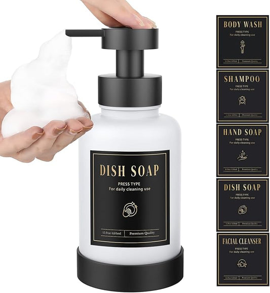 Luxspire Foaming Soap Dispenser, Glass Foam Pump Soap Dispenser, Non-Slip Hand Soap Container with 5 Waterproof Labels, 15 Oz Refillable Liquid Soap Holder for Bathroom & Kitchen, White, 1 Pack