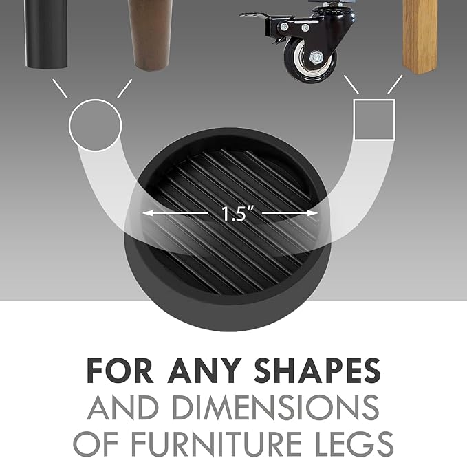 Non Slip Furniture Pads, 1.5” Round Rubber Caster Cups, 4 Pcs Furniture Coasters, Anti-Slip Gripper, Anti Slide Furnitures Feet Floor Protectors for Bed Couch Stoppers - Black
