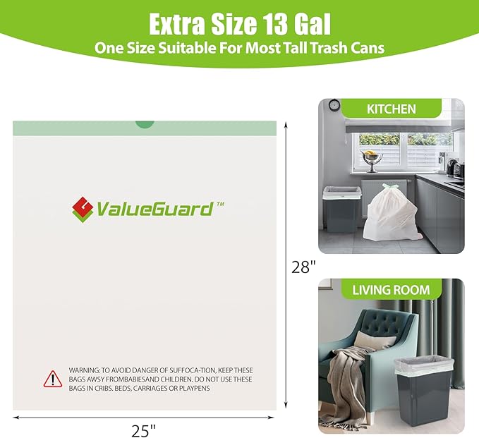 Large Trash Bags 13 Gallon Tall Drawstring 100% Post-Consumer Recycled Garbage Bag Waste Bag for Kitchen Office 0.6 Mil (300 Count)