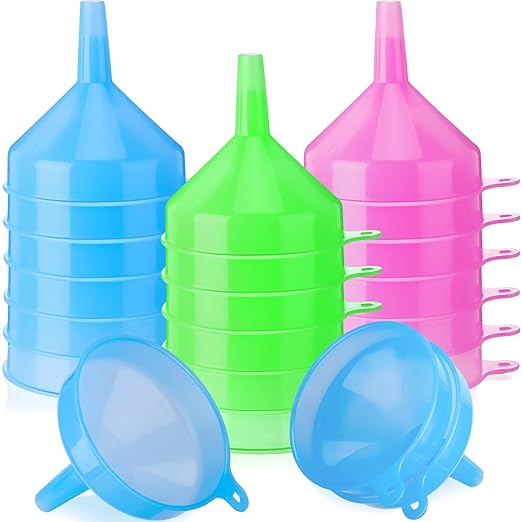 Honeydak 18 Pieces Multi-Purpose Plastic Funnels 4.7 Inch Wide Mouth Funnels for Filling Bottles, Jars, Containers Lab Use Oil Funnel for Gas, Car Oil, Lubricants and Fluids
