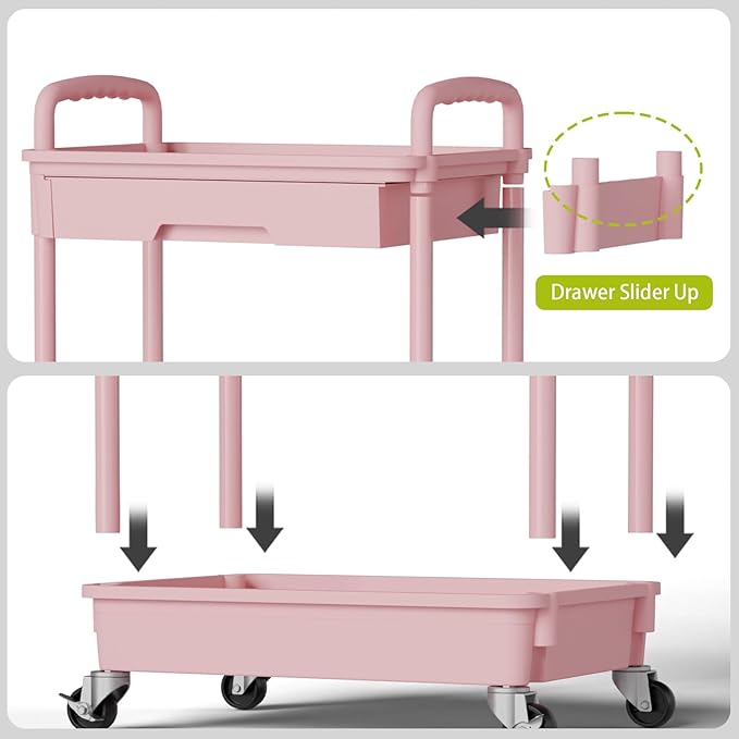 4 Tier Rolling Cart Organizer,Art Craft Diaper Bedside Snack Laundry Room Bathroom Organizer Narrow Thin Slim Rolling Trolley Utility Cart with Wheels for Kitchen,Office(Pink)