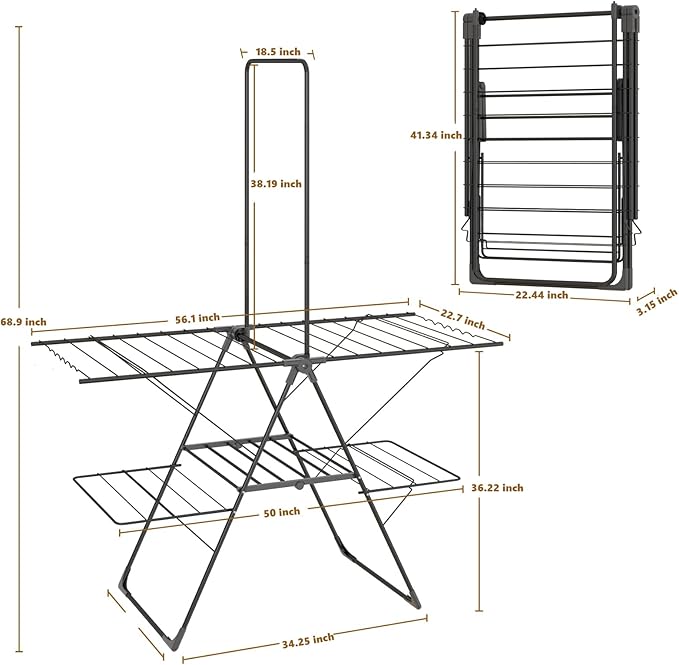 Bigzzia Clothes Drying Rack Foldable, 68.9Inch High Hanger Laundry Drying Rack with 4 Height-Adjustable Wings, Lightweight and Space Saving Clothes Airer for Apartments, Dorms, Camping
