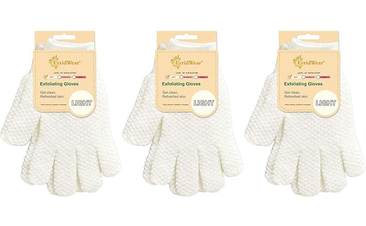 Evridwear Exfoliating Gloves for Shower, 100% Nylon Thick Soft Medium Heavy Bathing Gloves Dead Skin Remover Body Scrubber Smooth Skin with Hang Loop, 3 Pairs Light White