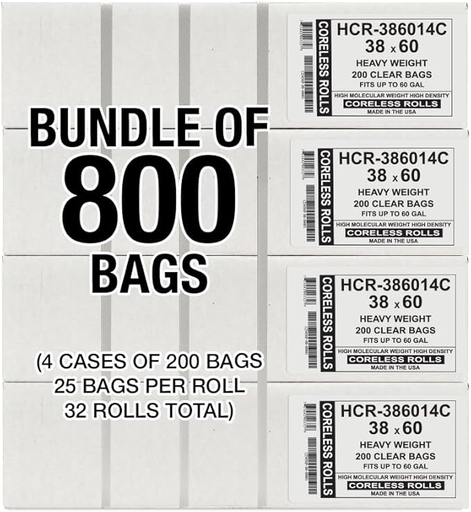 Aluf Plastics High Density Trash Bags, 60 Gallon, 800 Count, 14 Micron (eq), 38" x 60", Clear, for Bathroom, Office, Industrial, Commercial, Janitorial, Municipal, Recycling