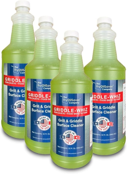 Griddle-Whiz Grill & Griddle Cleaner (4-Pack) | Removes Grease, Food Residue, Burnt On Organics | High Heat Flat Top Grill Cleaner, Food Contact Surface | Non-Caustic Formula by FryOilSaver (32oz)