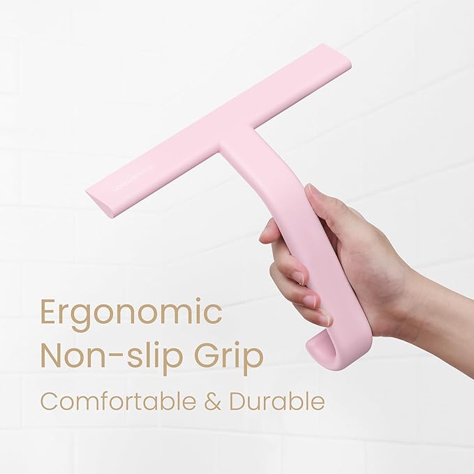 dancemoon JustHang Shower Squeegee for Glass Doors, All-one-Piece Silicone with Built-in Hook Design for Easy Hanging and Cleaning, 10 Inch Pink