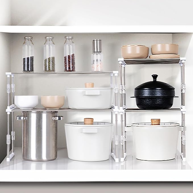 carrotez Expandable Cabinet Organizer, Set of 1 Width & Height-Adjustable Kitchen Cabinet Organizer Shelf, Stackable Kitchen Counter Shelf, 11.8~19.6 x 7.8 x 5.9~9" White