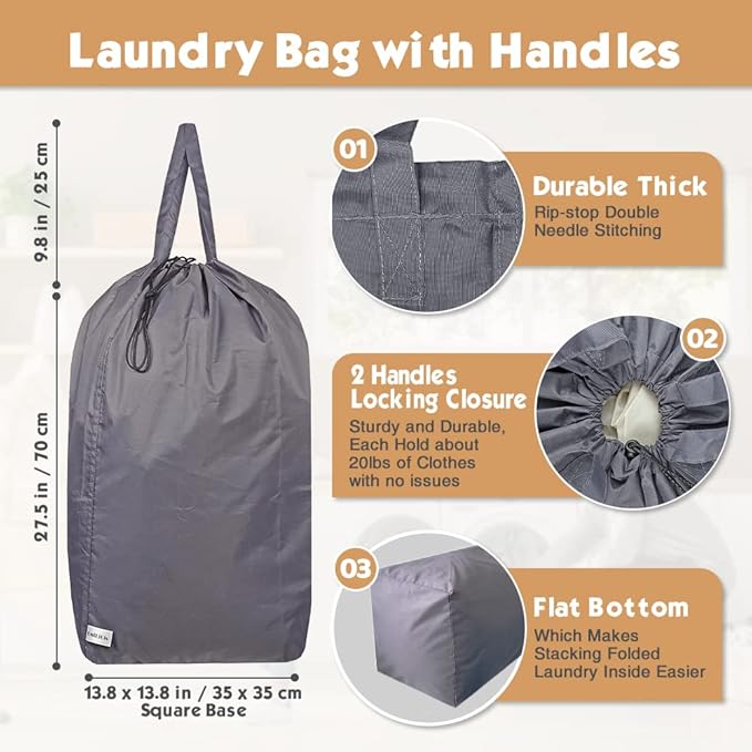 Washable Travel Laundry Bag with Handles and Drawstring, Heavy Duty Large Enough to Hold 3 Loads of Laundry, Fit a Laundry Basket or Clothes Hamper, 27.5x34.5 in,Grey and Black