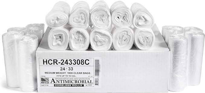 Aluf Plastics High Density Trash Bags, 16 Gallon, 1000 Count, 8 Micron (eq), 24" x 33", Clear, for Bathroom, Office, Industrial, Commercial, Janitorial, Municipal, Recycling
