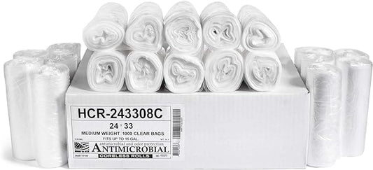 Aluf Plastics High Density Trash Bags, 16 Gallon, 1000 Count, 8 Micron (eq), 24" x 33", Clear, for Bathroom, Office, Industrial, Commercial, Janitorial, Municipal, Recycling
