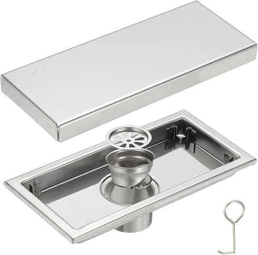 uxcell Rectangular Shower Drain, Brushed 304 Stainless Steel Odor-Proof Floor Drain Linear Shower Drain Hair Catcher for Bathroom Kitchen and Laundry Room(8 Inch, Bright Silver)