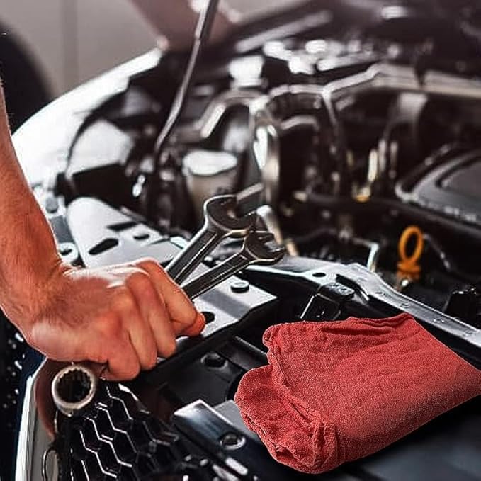 Shop Towels (Red, 100-Pack) - Bulk Cleaning Towel in a Bag, Mechanic Cotton Wipes for Car Maintenance, Auto Mechanics & Garage, Wipe Grease & Oil, Machine Wash & Reusable