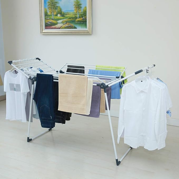 Clothes Drying Rack Adjustable Gullwing and Foldable Space-Saving Laundry Rack for Indoor or Outdoor Use, Grey