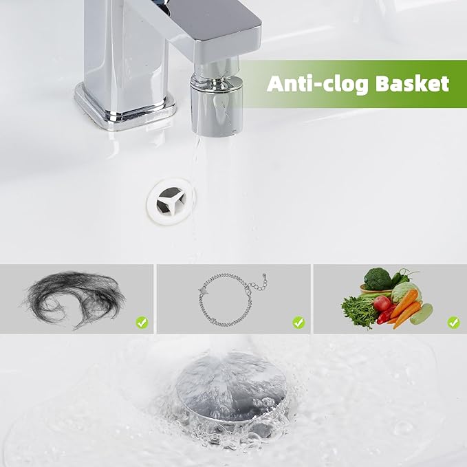 Universal Bathroom Sink Drain Strainer Hair Catcher Upgraded with Removable Stainless Steel Filter Basket, 2 in 1 Pop Up Sink Stopper for 1.1''~2.36'' Sink Basin Hole, Big Cover Cap, Chrome