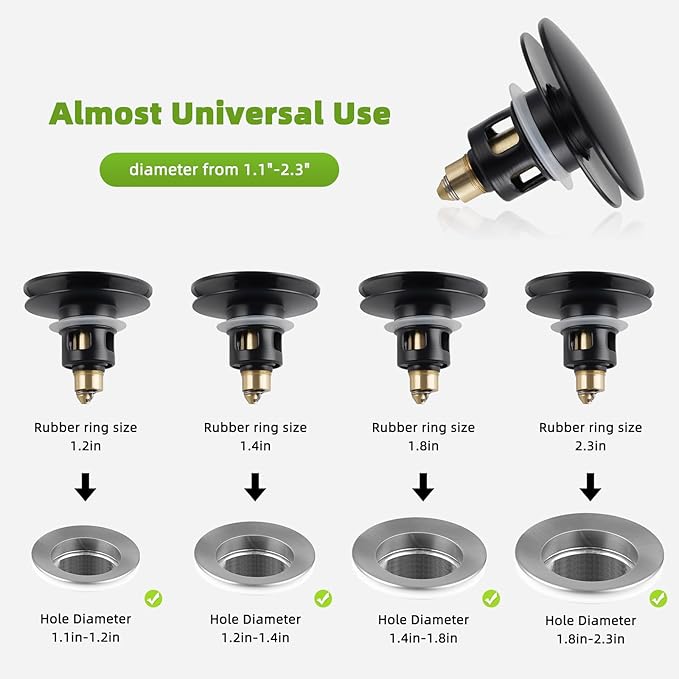 Universal Bathroom Sink Drain Strainer Hair Catcher Upgraded with Removable Stainless Steel Filter Basket, 2 in 1 Pop Up Sink Stopper for 1.1''~2.36'' Sink Basin Hole, Big Cover Cap, Matte Black