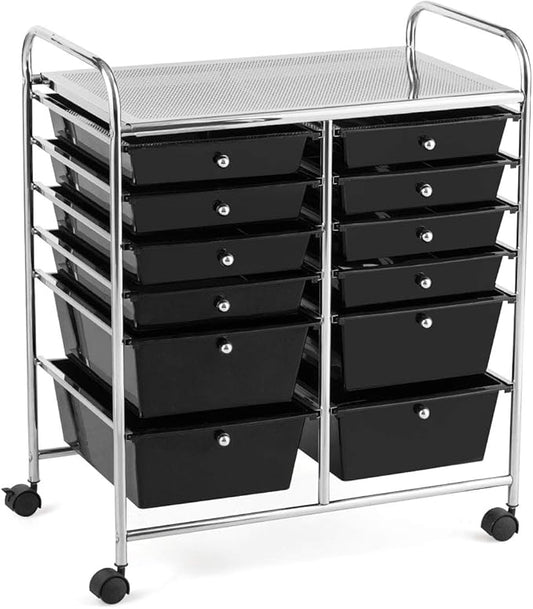 GOFLAME 12-Drawer Rolling Storage Cart, Multipurpose Organizer Cart with 2 Sizes Plastic Drawers, Mobile Utility Cart with Lockable Casters for School, Home Office, Beauty Salon, Black