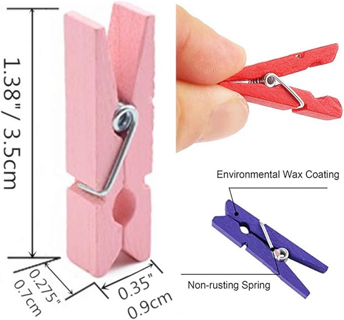 DurReus 50 Pieces DIY Mini Color Wooden Clothespins Home Decoration Hanging Craft Clips Photo Holder Paper Peg Jute Twine Clothing Line Orange