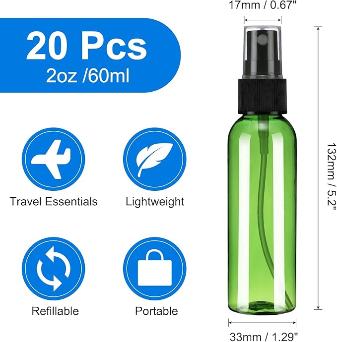 uxcell 20Pack Spray Bottles, 2 Oz/60ML Reusable Clear Empty Mist Plastic Mini Travel Bottle Set,Small Refillable Liquid Containers for Household Use, Essential Oil, Cleaning (Green Black)