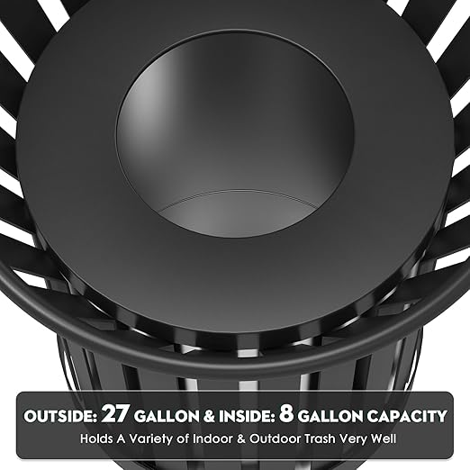 8Gallon/30L Commercial Outdoor & Indoor Metal Trash Can, Outdoor Slatted Trash Receptacle with Metal Linner, All Weather Resistant Large Outside Zone Round Garbage Bin for Street, Park, School - Black