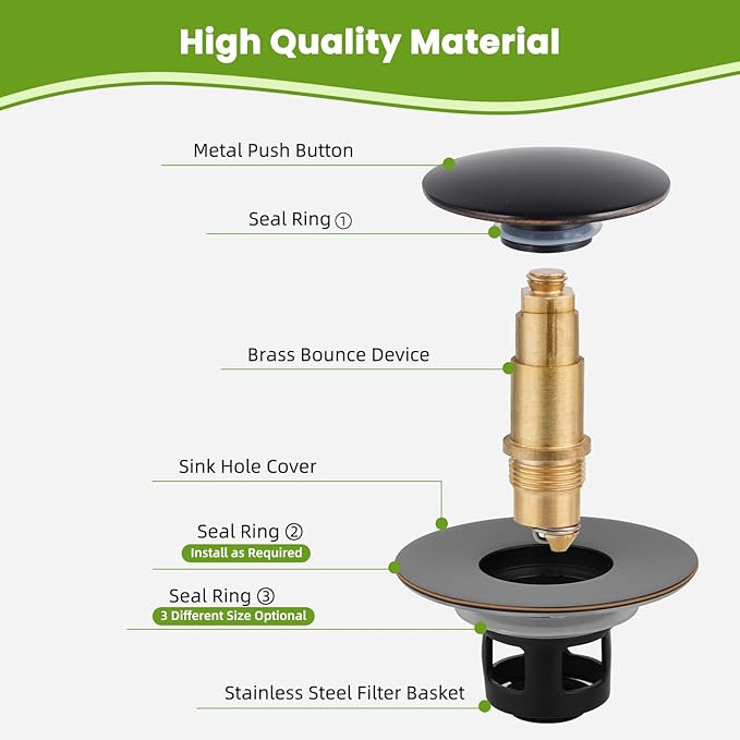 Universal Bathroom Sink Drain Strainer Hair Catcher Upgraded with Removable Stainless Steel Filter Basket, 2 in 1 Pop Up Sink Stopper for 1.1''~2.36'' Sink Basin Hole, Big Cover Cap, Oil Rubbed Bronze