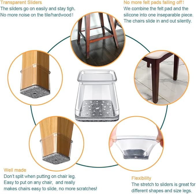32 Pcs Square Chair Leg Protectors for Hardwood Floors,Felt Furniture Floor Protectors with Silicone Caps, Extra Large Size (Fits Chair Legs with Side Length: 1-5/8" to 2")