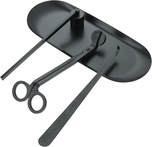4 in 1 Candle Accessory Set with Storage Tray Plate, Candle Wick Trimmer, Candle Wick Snuffer, Candle Wick Dipper (Black)