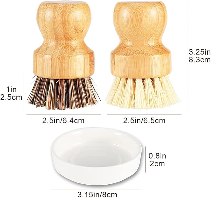 Bamboo Scrub Brush Clean Pan, Dish and Vegetable, Natural Bristles Palm Pot Brush 4 Pack Round Mini Dish Brush with Ceramic Holder for Kitchen Sink Cleaning