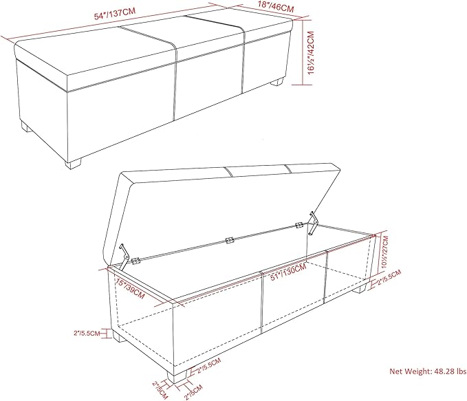 SIMPLIHOME Avalon 54 inch Wide Contemporary Rectangle Extra Large Storage Ottoman Bench in Cloud Grey Polyester Linen Fabric, Assembled, for The Living Room, Entryway and Family Room