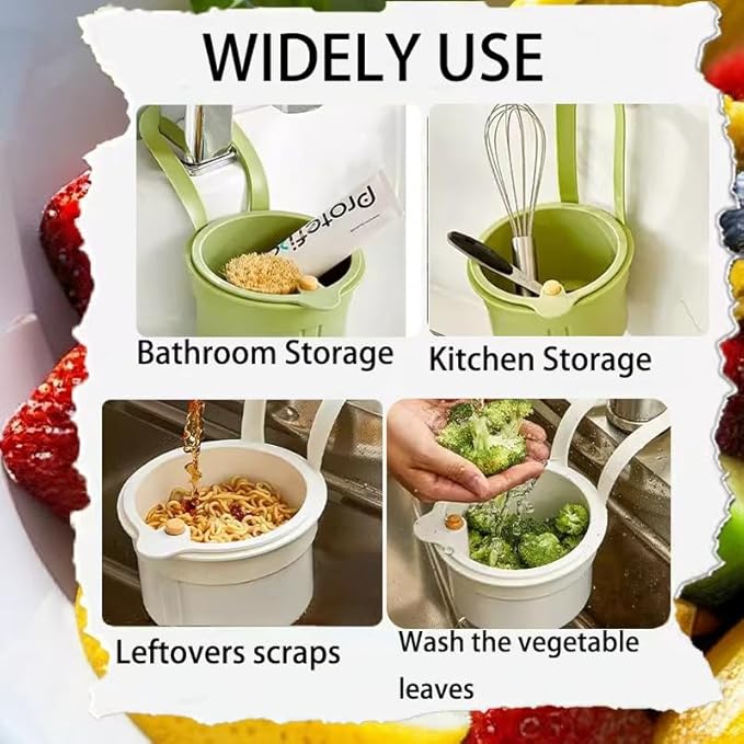 Sink Strainer Basket, Hanging Kitchen Sink Strainer Basket, Press to Dump, Easy Installation, Food Fruit & Vegetable Drainer Rack, Corner Waste Collector (Green)