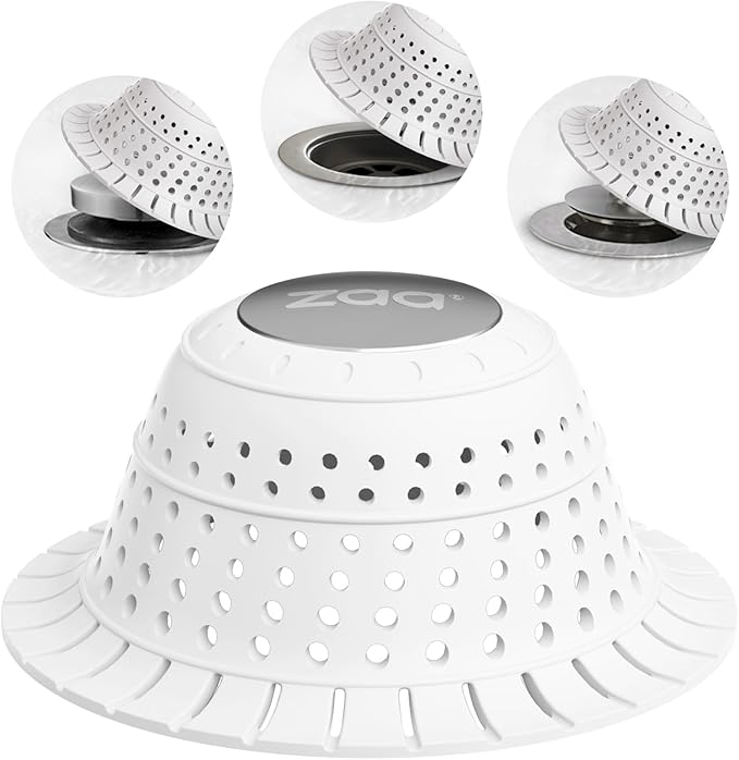 zaa Bathtub Drain Hair Catcher, Silicone Collapsible 1 Pack Drain Protector for Pop-Up and Regular Drains of Shower, Tub, Bathroom, Sink, Snow-White