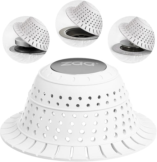 zaa Bathtub Drain Hair Catcher, Silicone Collapsible 1 Pack Drain Protector for Pop-Up and Regular Drains of Shower, Tub, Bathroom, Sink, Snow-White