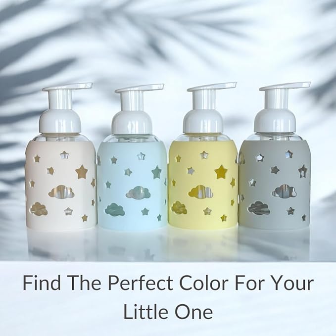 SoCal Suds & Company Glass Foaming Hand Soap Dispenser, Soft Grip Silicone Sleeve, Refillable Pump Bottle for Kids, Baby Wash & Shampoo, Ideal for Home Use, Light Blue 8oz