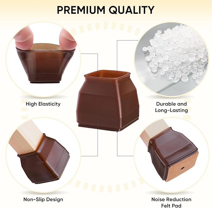 BALEINE 24 Pack Silicone Chair Leg Floor Protectors, Stool Leg Protectors Cap, Non-Slip Chair Leg Caps for Hardwood Floors (Brown & Small (Square), 24 Pack)