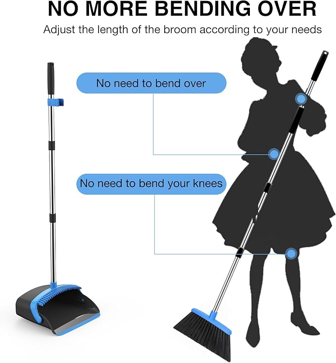 NACENA Broom and Dustpan Set, 52-in Long Adjustable Handle Broom Dustpan Combo with Dustpan Teeth to Automatically Clean Hair Suitable for Home Kitchen Office Hall Floor (Black&Blue), 2 Pack