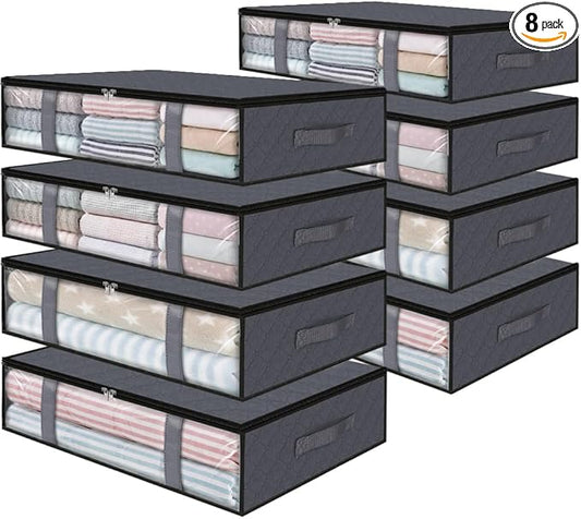 StorageRight Under Bed Storage Bins, 8-Pack 40L Foldable Fabric Storage Bags with Transparent Window, Breathable Organizer for Clothes/Blanket/Comforter/Quilt, Grey