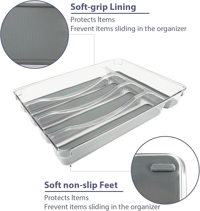 5 Compartments Silverware Tray for Drawer, Plastic Utensil Cutlery Drawer Organizer w/Grip Lining (Clear&Grey)