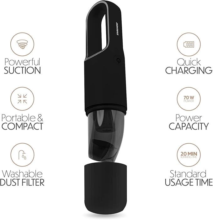 STARUMENT Portable Hand Vacuum Cleaner Handheld Cordless Cleaner for Dust Pet Hair Dirt Home Car Interior Lightweight, Easy to Use, Compact Design Battery Rechargeable with USB-C Cable - Black