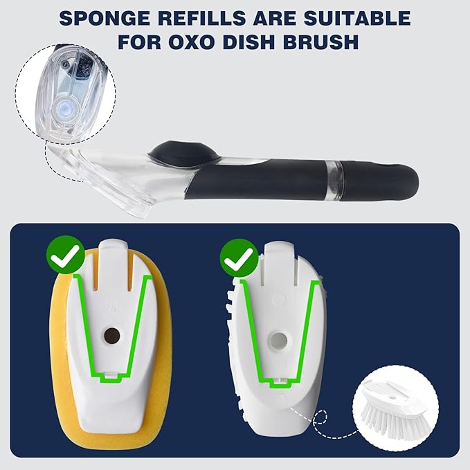 Sponge Brush Refills for OXO Dish Brush, 8 Pack Soap Dispensing Dish Refills, Scrub Replacement Head for Scrubber, Sponge Replacement Head Fits Soap Dispensing Handle