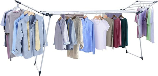 Clothes Drying Rack, Gullwing Laundry Rack Adjustable and Foldable for Easy Storage Indoor and Outdoor, White & Gray