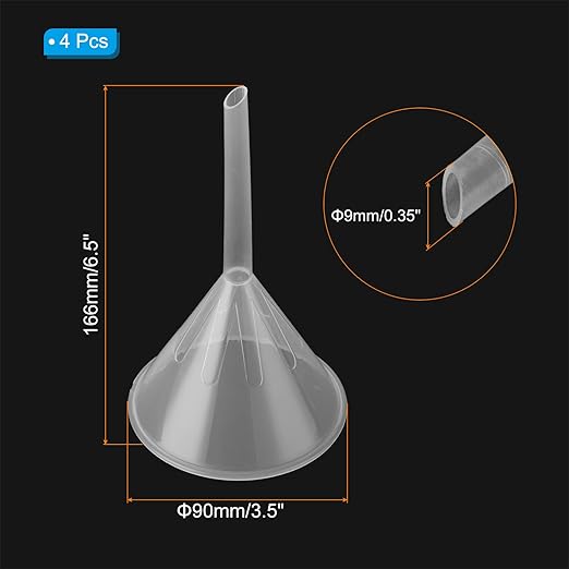 PATIKIL 3.5 Inch Clear Plastic Funnel, 4 Pcs Wide Mouth Multipurpose Transfer Funnel with Long Spout for Filling Water Bottle Liquid Lab Spices Powder Oil
