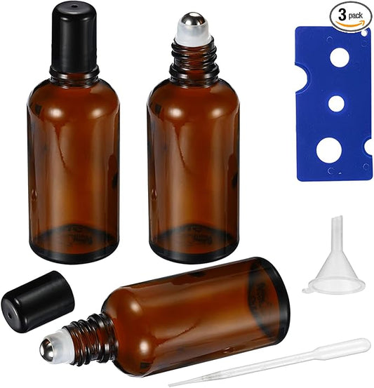 50ML Roller Bottles for Essential Oil, 3 Pack Empty Amber Glass Roller Bottle for Perfume Oil, Roll on Bottles with Stainless Steel Roller Balls, Opener, Funnel and Dropper
