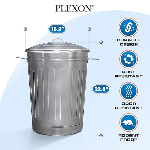 Plexon 2 Pack 13-Gallon Galvanized Steel Round Trash Can with Lid, Indoor and Outdoor Use, Durable Construction, Classic Design, Stylish