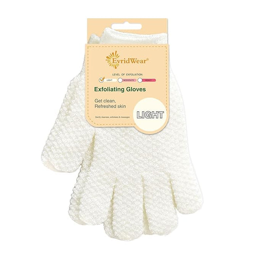 Evridwear Exfoliating Gloves for Shower, 100% Nylon Thick Soft Medium Heavy Bathing Gloves Dead Skin Remover Body Scrubber Smooth Skin with Hang Loop, 1 Pair Light White