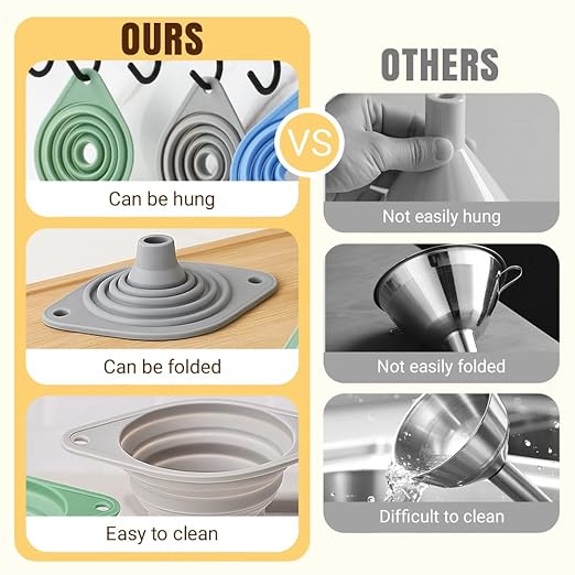 Kitchen Funnel Set, Wide-Mouth Foldable and Telescopic Design, Liquid Separation Funnel, Silicone (6 pcs)