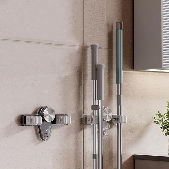 Mop and Broom Holder Wall Mount, No Punching Required Broom and Mop Organizer Wall Hanging with Hooks for Bathroom, Laundry Room, Garage, Kitchen,Garden Tool Organizer Storage (1pcs Transparent)